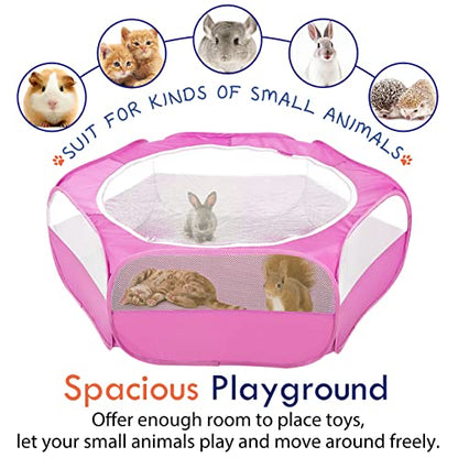 Pawaboo Small Animals Playpen, Waterproof Small Pet Cage Tent with Zippered Cover, Portable Outdoor Yard Fence with 3 Metal Rod for Chick/Kitten/Puppy/Guinea Pig/Rabbits/Hamster, Rose Red - color: Rose Red