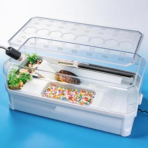 Turtle Tank Kit with 3-Stage Filter, Basking Platform & Heat Lamp - Complete Turtle Aquarium Habitat for Water Turtles, Enclosure or Hermit Crab Tank, Easy Drain Starter Kit White, 18.1 Inch - color: White, size: 18.1x9.1x9.4 Inch