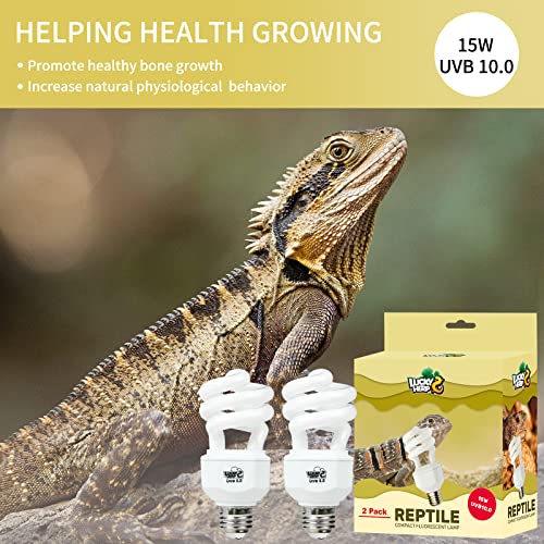 LUCKY HERP 2 Pack UVA UVB Reptile Light, 15W 10.0 UVB Bulb for Desert Reptiles, Compact Fluorescent Terrarium Lamp, Reptile UVB Bulb for Bearded Dragon, Lizard, Tortoise - size: 15&10.0
