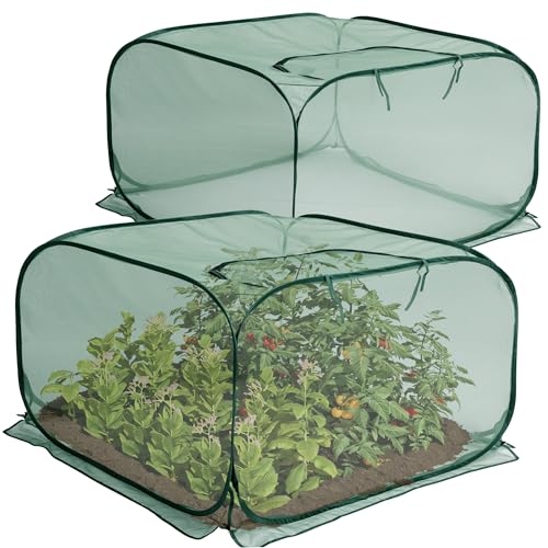2 Pcs Pop Up Mesh Plant Cover, 35" x 35" x 27.5" Foldable Plant Protector Mesh Plant Enclosure, Garden Net Cage Guard Cover with 8 Ground Stakes for Protecting Plant Vegetable Fruit from Birds Insects - color: 2 Pcs