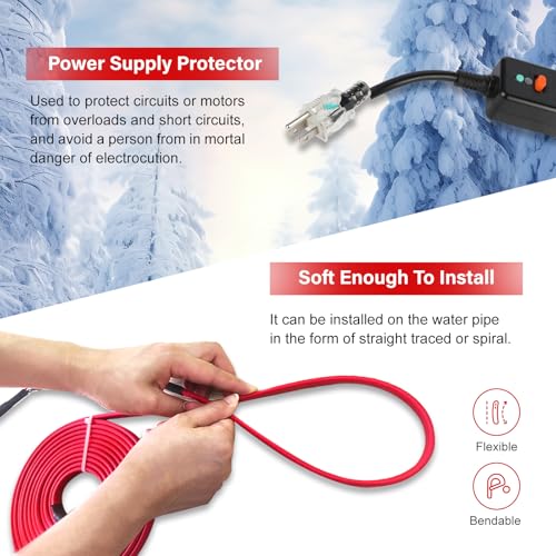 OEBLD Heat Tape for Water Pipes 3FT, Replaceable Smart Thermostat for Pipe Freeze Protection, Self-Regulating Roof Deicing Cable for Metal and Plastic Home Pipes, 110-120V