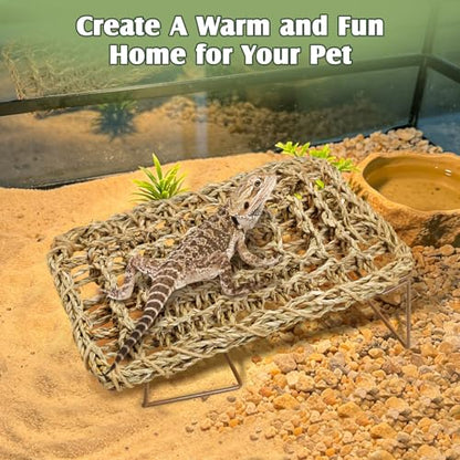 Fhiny Bearded Dragon Lounger with Wooden Ladder, Reptile Bed with Metal Legs Seagrass Hammock for Reptile, Tank Accessories Decor for Lizards Leopard Gecko Snake Hermit Crab Frog