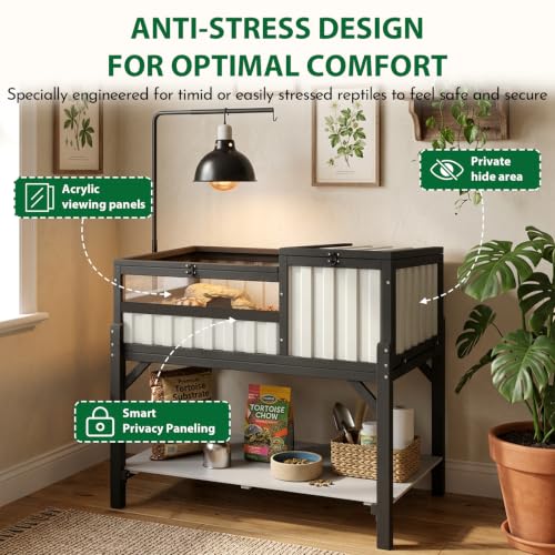 Modern Black & White Tortoise Habitat with Privacy Hide Panel, 2-Zone Wooden Reptile Enclosure with Adjustable Lamp Stand, Storage Shelf, Acrylic Viewing Window for Tortoises, Geckos & Small Reptiles