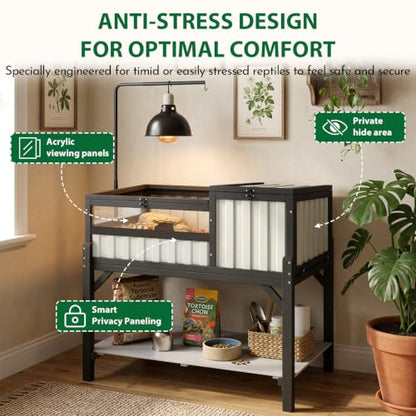 Modern Black & White Tortoise Habitat with Privacy Hide Panel, 2-Zone Wooden Reptile Enclosure with Adjustable Lamp Stand, Storage Shelf, Acrylic Viewing Window for Tortoises, Geckos & Small Reptiles