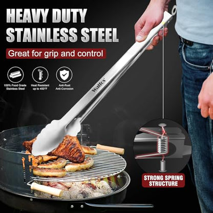 Tong for cooking, Walfos kitchen tongs set of 2 - Heat Resistant 600℉, Heavy Duty Locking Metal cooking Tongs, Stainless Steel BBQ Grilling,(All Metal 12in+16in) - color: All Metal, size: 12in+16in