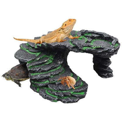 Large Bearded Dragon Hideout, Resin Simulation Stone Reptile Hide Cave, Reptile Basking Platform, Terrarium Habitat Decor for Lizard Spider Aquarium Fish Gecko - 9.5 × 8 × 3.7 Inch