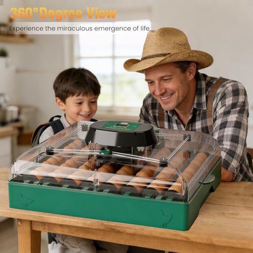 Egg Incubator for Chicken Eggs, Max 72 Egg Large Capacity with Automatic Egg Turner and Humidity Control, Egg Hatching Incubator for Chicken, Quail, Duck with 360° Clear View for Farm & Classroom