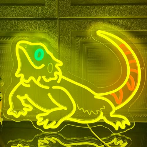 Bearded Dragon Neon Signs Dimmable Reptile Led Neon Sign for Wall Decor Animal Themed Gecko Neon Light Up Sign for Kids Bedroom Living Room Birthday Party Presents Home Decorations - color: Lemon+Green-Bearded Dragon