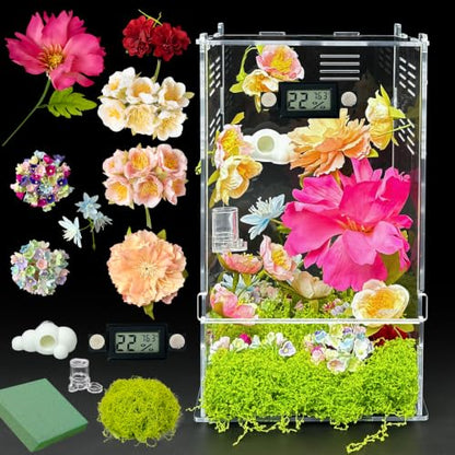 Jumping Spider Enclosure,DIY Insects Habitat,Small Reptile Terrarium Glass House Accessories Set,with Temperature and Humidity Detector Water Feeder Platform Hide,5.5“x5.5”x9.5“ (Garden) - color: Garden