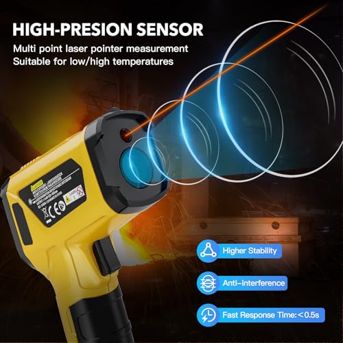 Infrared Thermometer Gun - INSTRODOTS Digital Laser Thermometer Temperature Gun with Adjustable Emissivity & Max Value, -58°F~1472°F Non-Contact Surface Thermometer for Cooking, Freezer, Pizza, HVAC - color: Yellow (-58°F~1472°F)