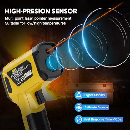 Infrared Thermometer Gun - INSTRODOTS Digital Laser Thermometer Temperature Gun with Adjustable Emissivity & Max Value, -58°F~1472°F Non-Contact Surface Thermometer for Cooking, Freezer, Pizza, HVAC - color: Yellow (-58°F~1472°F)