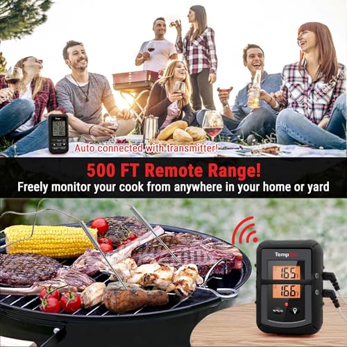 TempPro TP20 500FT Wireless Meat Thermometer with Dual Meat Probe, Digital Cooking Food Meat Thermometer Wireless for Smoker BBQ Grill Thermometer Beef Steak Turkey Thermometer (Previously ThermoPro) - color: Pitch-black