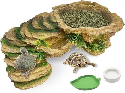 Hamiledyi Large Turtles Basking Platform 3Pcs Resin Bearded Dragons Climbing Step Ramp Tortoise Resting Dock Rock Hideout with Feeder Bowls for Reptile Lizards Chameleons Geckos Frogs Newts Snakes