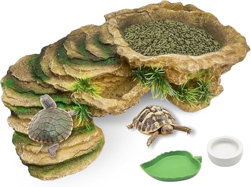 Hamiledyi Large Turtles Basking Platform 3Pcs Resin Bearded Dragons Climbing Step Ramp Tortoise Resting Dock Rock Hideout with Feeder Bowls for Reptile Lizards Chameleons Geckos Frogs Newts Snakes