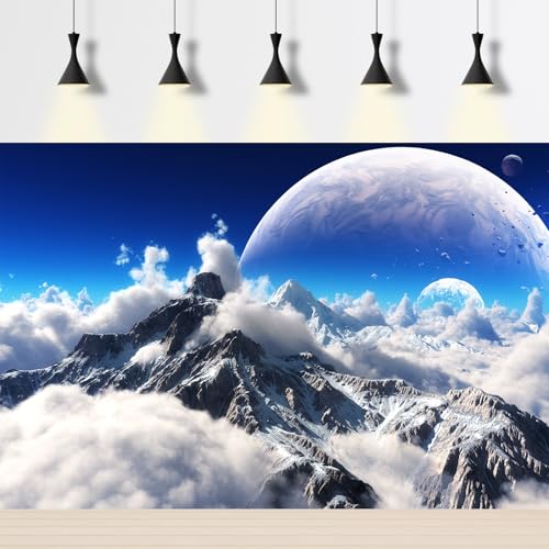Celestial Aquarium Backdrop Snow Capped Mountains Alien Planet Terrarium Background Space Planets and Natural Landscape Fish Tank Backdrop Tranquil Natural Cloudy Sky Aquarium Backdrops 24x16in - color: White_Blue, size: 24(W)x16(H)in