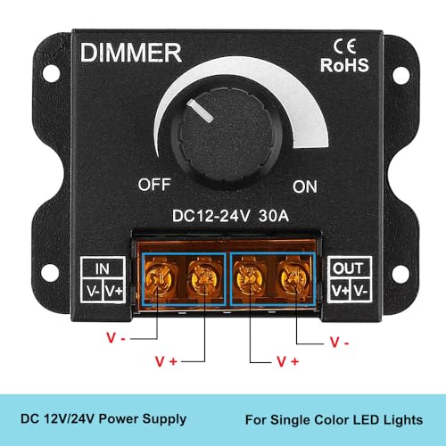 LED Strip Light Dimmer, DC 12-24V 30A PWM Knob Dimmer for Single Color LED Strip Lights, Wall Mounted, Black (1 Pack)