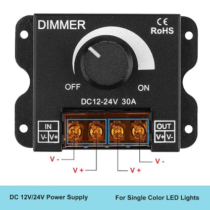 LED Strip Light Dimmer, DC 12-24V 30A PWM Knob Dimmer for Single Color LED Strip Lights, Wall Mounted, Black (1 Pack)