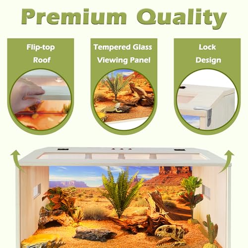 PROLEE Bearded Dragon Tank, 68 Gallons Wooden Reptile Enslosure, Tempered Glass Lizard Tank, Large Bearded Dragon Enclosure with Built-in Lamp Fixture for Lizard - size: 68Galons