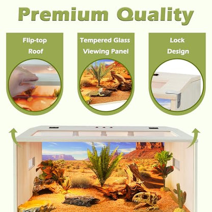 PROLEE Bearded Dragon Tank, 68 Gallons Wooden Reptile Enslosure, Tempered Glass Lizard Tank, Large Bearded Dragon Enclosure with Built-in Lamp Fixture for Lizard - size: 68 gallons