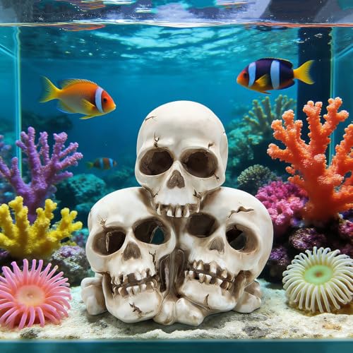Resin Skull Aquarium Ornament, Hide Cave for Fish & Reptile Tank | Hide house for betta fish and reptiles to play, spacious resting cave, Halloween decor for aquarium and reptile tank
