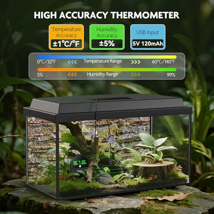 PAIZOO Reptile Thermometer Hygrometer, LED Rechargeable Reptile Tank Thermometer and Humidity Gauge, Switch Between ℉/℃, Always-on Display Mode, 59.05” Type-c Charging Cable