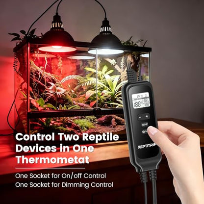 2 in 1 Reptile Dimming Thermostat with 2 Socket for Timer & Heating Control, Thermostat for Reptile Heat Lamp Heat Pad, PID Temperature Controller, Memory Function (Model: PT02T)