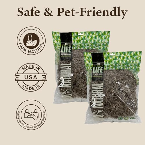 The Habitat Life - Natural Spanish Moss - for Reptiles, Amphibians & Invertebrates Terrariums - Humidity Control - Breathable Bedding - Dye-Free & Safe - Medium - 2 Pack - size: Medium (2-Pack), style: Spanish Moss