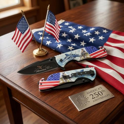 Snake Eye Tactical 8.5" Folding Rescue Pocket Knife –Black Stainless Steel Blade, 3D Printed Aluminum Flag Handle with Seatbelt Cutter, Glass Breaker, 250th Anniversary Edition - color: USA Flag With AR