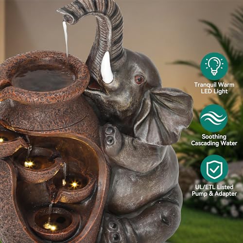 AUTODAYA 19" H Elephant Jar Outdoor Water Fountain, Rustic Farmhouse Water Feature with Tranquil Cascading Waterfall, Relaxing Garden Patio Yard Deck Kitchen Floor Tabletop Decor