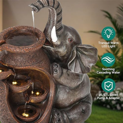 AUTODAYA 19" H Elephant Jar Outdoor Water Fountain, Rustic Farmhouse Water Feature with Tranquil Cascading Waterfall, Relaxing Garden Patio Yard Deck Kitchen Floor Tabletop Decor