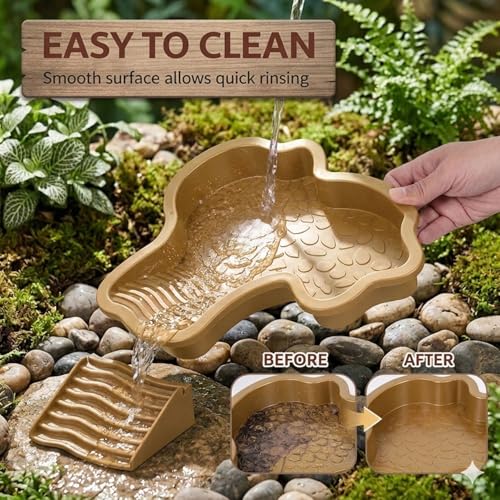Large Turtle Water Bowl, Reptile Bathing Pool Tortoise Water Dish Bearded | Dragon Water Fountain Non-Slip Reptile Food Dish for Tortoise Gecko Lizard Snake Terrarium Habitat (Brown)