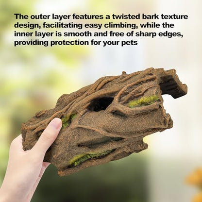 Lizard Snake or Reptile Hide, Large Reptile Hideout Hollow Tree Trunk Ornament Bearded Dragon or Gecko Tank Accessories Terrarium Decor with Peek-Through Hole