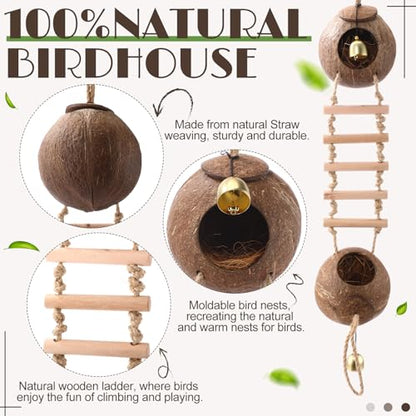 Briwooody Coconut Shell Bird Nest House Breeding Bed Nestingand Anti-pecking Bite with Natural Coir Fiber Bird Nest Toy Bell for Parrot Budgie Parakeet Cockatiel Conure Lovebird Canary Finch (Stylish) - style: Stylish