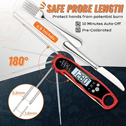 Instant Read Meat Thermometer for Grill and Cooking, Fast & Precise Digital Food Thermometer with Backlight, Magnet, Calibration, and Foldable Probe for Kitchen, Outdoor Grilling and BBQ!… - color: Red - Black