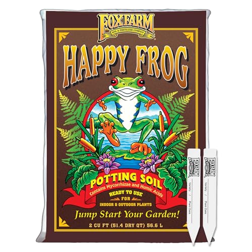 FoxFarm Happy Frog Potting Soil with 2 Plant Tags, 2 cu ft – Indoor/Outdoor Container Plants – Mycorrhizae & Humic Acids - size: 2 Cu Ft with Tags