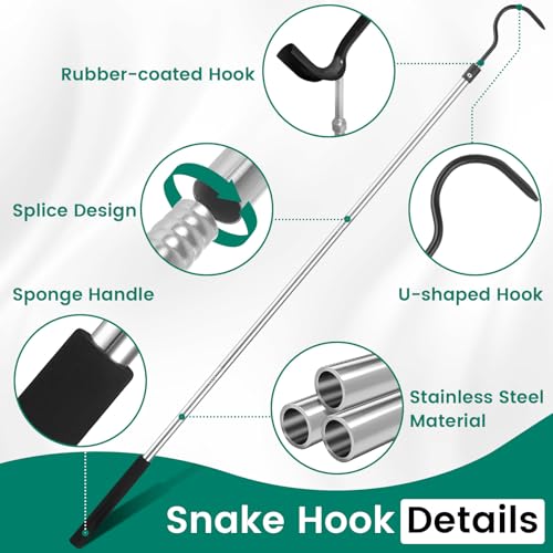 Snake Hook for Ball Python, 35"-65" Reptile Snake Hook Heavy Duty Long for Python Rattlesnakes Rattle Copperhead Removal with Sponge Grip and Stainless Steel Rubber Tip Hook - size: 35-60inch