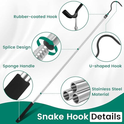 Snake Hook for Ball Python, 35"-65" Reptile Snake Hook Heavy Duty Long for Python Rattlesnakes Rattle Copperhead Removal with Sponge Grip and Stainless Steel Rubber Tip Hook - size: 35-60inch