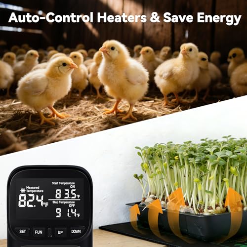 1800W Digital Thermostat for Reptile Tank, -40℉~210℉, Plug in Thermostat for Heater/Greenhouse with 5m/2m Cable, 15A Temperature Controlled Outlet with VA Display, Temp ±0.1°F, Black - style: Plug in-Black