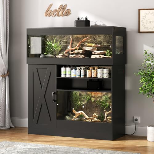 Dual Reptile Enclosure with Stand for Multiple Pets,60 Gallon Reptile Tank & 45 Gallon Reptile Terrarium with Cabinet,Sliding Doors,Power Outlet for Snakes,Lizards,Geckos Black CAGE005B - color: Black