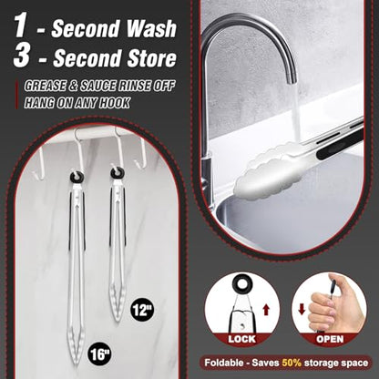 Walfos Extra Long Grill Tongs - Heavy Duty Metal Tongs - 16 & 12 inch Great for Grilling,BBQ/Barbecue,Cooking - Stainless Steel and Non-Slip Heat Resistant Silicone Handle (Set of 2) - color: 2pcs BBQ Tongs, size: 12+16 inch