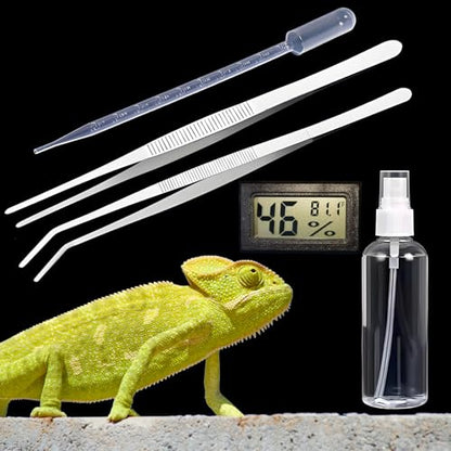 2PCS 9.84" Reptile Feeding Tongs, Temperature and Humidity Meter, 50ML Small Spray Bottle, 5ML Dropper Pipette, Reptile Tank Accessories Kit, Spider Breeding Set (Exclude LR44 Battery)