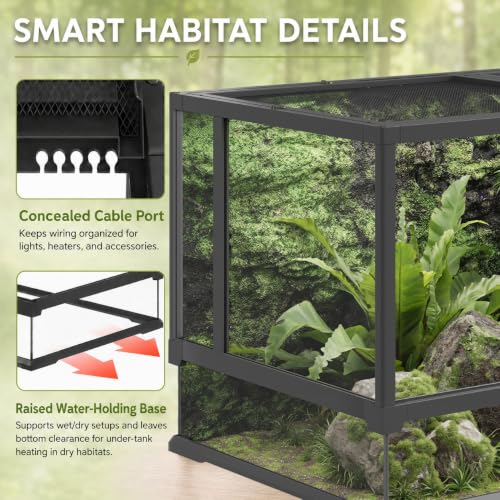 Erinnyees 50 Gallon Reptile Terrarium, Tempered Glass Reptile Enclosure with Raised Waterproof Base, Front Opening Doors, Top Screen Ventilation, Cable Outlet for Snake, Lizard, Gecko, Frog, Turtle - size: 50 Gallon