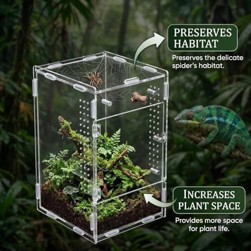 Acrylic Jumping Spider Enclosure, 4.72"×4.72"×7.88" Terrarium Habitat for Spiderling, Mantis, Tarantula, Snail & Small Reptiles, Includes Tweezer & Temperature Sticker