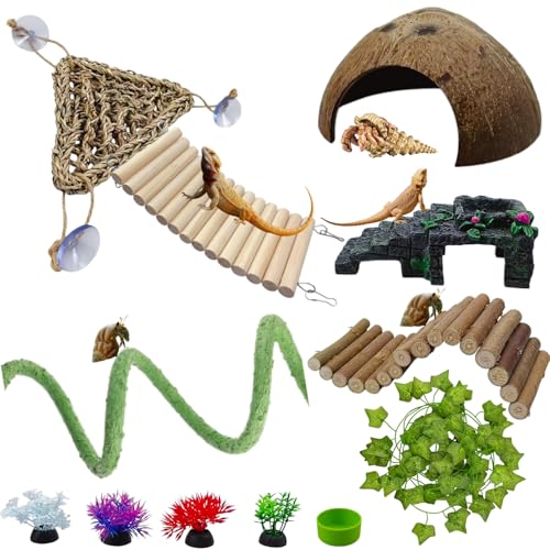 12-in-1 Hermit Crab Accessories Kit, 2026 New Kit for Bearded Dragon, Coconut Shell Hideout, Climbing Bridge, Hammock, Vines & Plants, Reptile Terrarium Decor for Gecko, Lizard, Amphibians