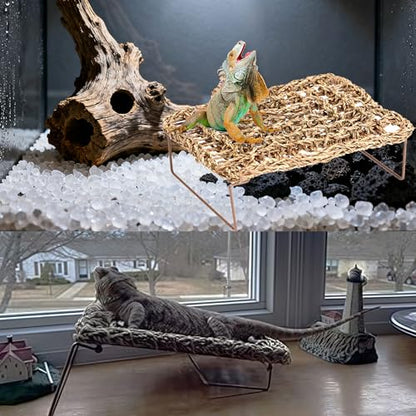 Bearded Dragon Hammock & Reptile Bed - Adjustable Basking Platform with Metal Legs, Tank Accessories for Lizard, Gecko, Snake, Hermit Crab Habitat (Nature, Rectangle)