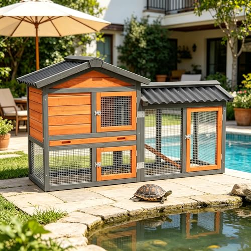 Large Tortoise Habitat House Indoor Outdoor Wooden Turtle Hidden Enclosure with Ventilating Wire Fence Reptile Lounge Cage for Small Animals (Brown2) - color: Brown2