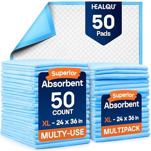 Healqu Disposable Underpads - Absorbent Incontinence Bed Pads for Adults, Kids, Elderly, and Pets - Fluid and Urine Bed Protection - Large, Thick, Fluff and Polymer Chux (24x36 Pack of 50) - size: 24x36" Pack of 50