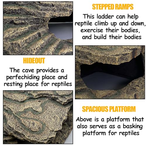 kathson Extra Large Turtles Basking Platform,Resin Reptile Hideouts Cave Habitat Decor,Tortoise Hide Cave with Climbing Ramp Step,Bearded Dragons Hide Basking Rocks Accessories for Lizard,Gecko,Frog