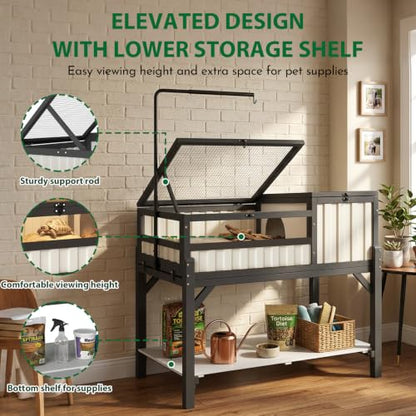 Modern Black & White Tortoise Habitat with Privacy Hide Panel, 2-Zone Wooden Reptile Enclosure with Adjustable Lamp Stand, Storage Shelf, Acrylic Viewing Window for Tortoises, Geckos & Small Reptiles