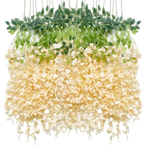 Artificial Wisteria Hanging Flowers-Fake Wisteria Flower Garland Silk Vines Rattan Decor for Home Wedding Arch Wall Garden Greenery Bedroom Outdoor Office Party Decoration (12, Champagne) - color: Champagne